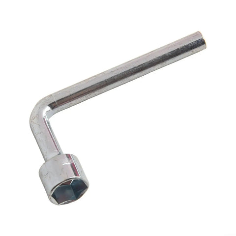 L-shaped metal hexagonal wrench on a white background, shown in a three-quarter angle view.