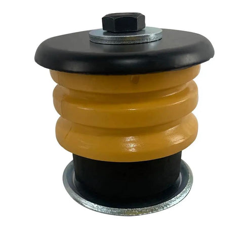 Heavy Duty Eight Piece Body Mount Bushing Kit Plug And Play For 2002 To 2005 Ford Explorer and Mercury Mountaineer Suspension Bushes With Hardware No Drama Rig Upgrade Setup close-up of yellow and black rubber body mount bushing.