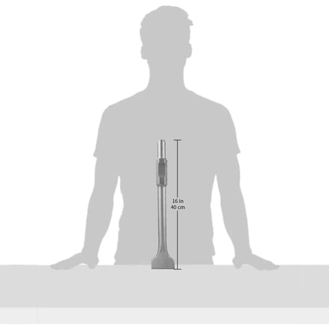 Hex Shank Scraping Chisel For Demolition Hammer 1-1/8 Inch Heavy Duty Tool with Angled Handle next to silhouette for scale.