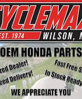 Cyclemax Wilson NC sign promoting OEM Honda parts, authorized dealer, fast free shipping, and guaranteed delivery since 1974.