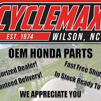 Cyclemax Wilson NC sign promoting OEM Honda parts, authorized dealer, fast free shipping, and guaranteed delivery since 1974.