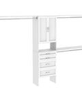 Solid Pure White Closet Organizer Kit With Double Doors And Three Hanging Rods Plus Four Roomy Drawers And Adjustable Heights providing ample storage and easy access.