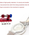 Red adjustable watch case holder for precision repairs, rotating size control, fits 80mm back covers, tool for movement and strap removal