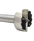 Close-up of Top Notch Hex Shank Forstner Bit Drills 30.6mm diameter, stainless steel, for clean coin mounting holes in hardwood.