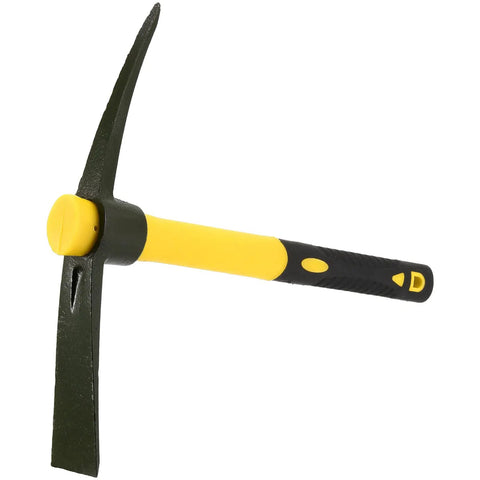 Side view of Two Piece 15 Inch Pick Mattock Hoe Set with yellow fiberglass handle and forged carbon steel head for gardening and prospecting.