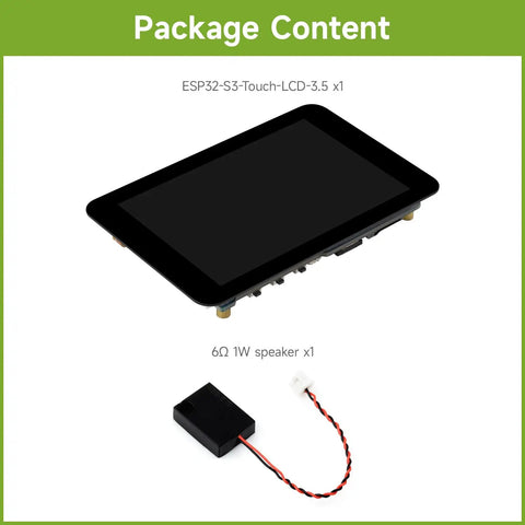 Slick Esp32-S3 Maker Board With A Smooth 3.5 Inch Ips Capacitive Touchscreen and a 1W speaker in package content display.