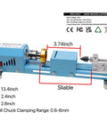Slick Compact Mini Wood Lathe Machine With Multi Purpose Turning And Milling Kit For Polishing Grinding And Cutting 24V DC 96 Watt 7 Speeds Right Out The Box Ready showing dimensions and features.