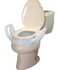 Elevated Toilet Seat With Arms For Elongated Toilets Three And A Half Inch Lift White Supports Up To Three Hundred Pounds Easy Install