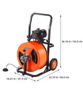 Heavy Duty Auto Feed Drain Auger Snake Machine Packs Four Swappable Cutters For Slashing Through Gnarly Pipe Clogs In Sewers Toilets Sinks And Floor Drains Fast shown from the side with measurements.