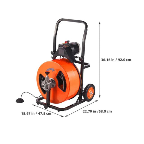 Heavy Duty Auto Feed Drain Auger Snake Machine Packs Four Swappable Cutters For Slashing Through Gnarly Pipe Clogs In Sewers Toilets Sinks And Floor Drains Fast shown from the side with measurements.