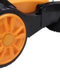 Close-up view of the orange wheel of the Badass Heavy Duty Walk Behind Push Sweeper, highlighting its sturdy design for tough cleaning.