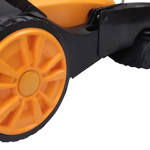 Close-up view of the orange wheel of the Badass Heavy Duty Walk Behind Push Sweeper, highlighting its sturdy design for tough cleaning.