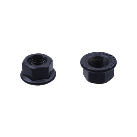 Close-up of two black carbon steel flange nuts from the Three Eighth Inch Black Flange Bicycle Hub Nut Kit With Front And Rear Safety Washers.