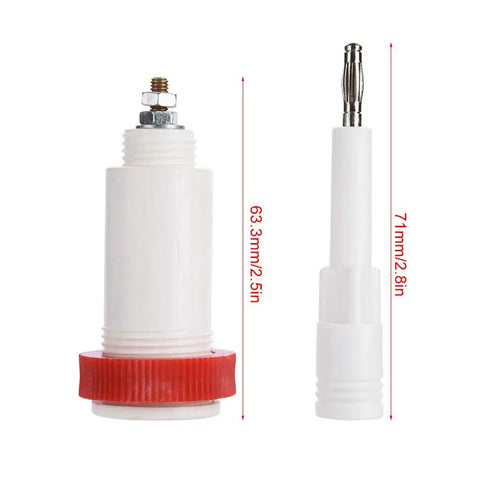 Heavy Duty High Voltage Banana Plug Cross Adapter Designed To Go The Distance With Slick Gold Plated Threads That Lock Tight For Reliable 10KV Power Lab Connections White And Red, showing dimensions.
