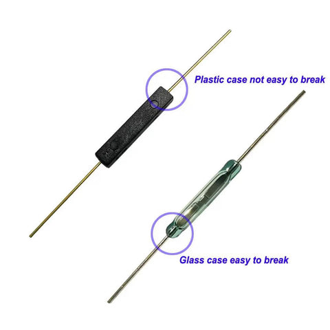 Image showing plastic and glass versions of 10 Pack Plastic Reed Switches Normally Open Reed Contacts Magnetic Induction Switch 3mm By 14mm