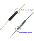 10 Pack Plastic Reed Switches No Magnetic Induction Sensor 2.5mm by 14mm shown with glass and plastic cases for durability comparison