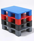 Beefy Heavy-Duty Plastic Pallet For Industrial Warehouse Storage Moisture-Resistant Cargo Platform in stacked blue, red, black, and gray