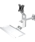 Foldable Wall Mounted Monitor Arm With Adjustable Keyboard Tray Heavy Duty Industrial Frame For Zero Stress Desk Setup Ultra Tough Constructed Build Slashes Clutter Right Away in silver color showing adjustable features.
