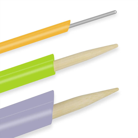 Front view of three tube turners with wooden handles, metal shafts, and colored sleeves (orange, green, purple) for sewing.