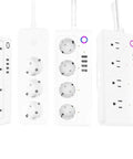 Heavy Duty Multi Socket Power Strip Featuring Four Universal Plugs And Four Fast Charge Usb Ports Smart Life App Control image showing multiple socket designs and USB ports.