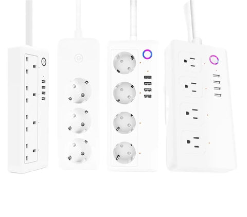 Heavy Duty Multi Socket Power Strip Featuring Four Universal Plugs And Four Fast Charge Usb Ports Smart Life App Control image showing multiple socket designs and USB ports.