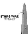 Workhorse Pro Grade Stainless Steel Electrician Scissors 5.25 Inch With Free Fall Handle Snips Non Slip Serrated Blade showing wire stripping notches for 19 and 23 AWG wires.
