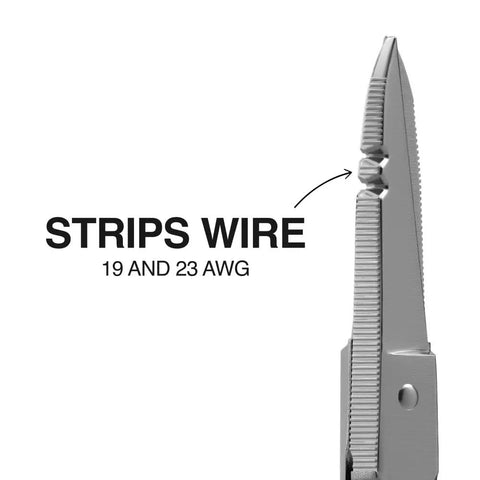 Workhorse Pro Grade Stainless Steel Electrician Scissors 5.25 Inch With Free Fall Handle Snips Non Slip Serrated Blade showing wire stripping notches for 19 and 23 AWG wires.