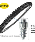 200 Pcs 9 Mm Tungsten Carbide Anti Slip Tire Spikes Reusable Screw Mount Bike Boot Shoe Crampon showing tire studs and dimensions.