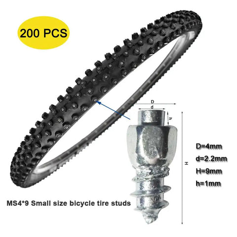 200 Pcs 9 Mm Tungsten Carbide Anti Slip Tire Spikes Reusable Screw Mount Bike Boot Shoe Crampon showing tire studs and dimensions.
