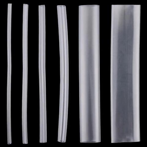 100Pcs 6 Size Clear PE Heat Shrink Tubing Kit For Electrical Insulation And Repairs DIY Friendly Waterproof Durable Cable Wrap Sleeves Fusion Splice Protection Transparent Tubing For Easy Visual Inspection arranged by size