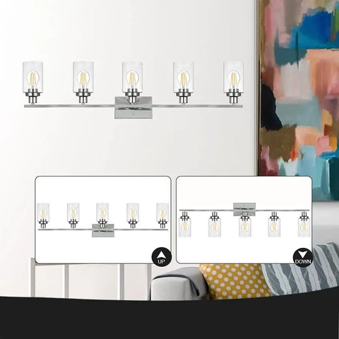Industrial Chrome Five Light Vanity Light Fixture With Clear Glass Shades Modern Wall Sconces for Bathroom Hallway or Kitchen