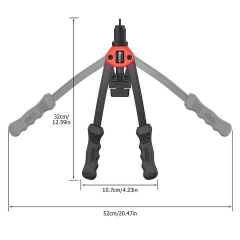 2 In 1 Rivet Nut Tool Kit Pro Hand Riveter With Dual Function Rivet Nut Gun dimensions labeled