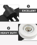 Close-up of 8 Pairs Black Carbon Steel Sliding Door Wheels For Closets And Wardrobes showing heavy duty roller wheel and connector.