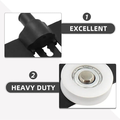 Close-up of 8 Pairs Black Carbon Steel Sliding Door Wheels For Closets And Wardrobes showing heavy duty roller wheel and connector.