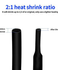 Comparison of tube before and after shrink, demonstrating 2:1 shrink ratio for 720 Piece Heat Shrink Tubing Kit With 8 Size Assortment In A Durable Box, 2 To 1 Shrink Ratio, Polyolefin Black Tubes For Wiring, Insulation, And Cable Protection, Withstand 600V, From Minus 55 C To 125 C, Easy Wire Wrapping And Repair.