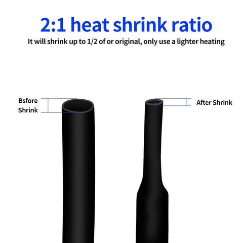 Comparison of tube before and after shrink, demonstrating 2:1 shrink ratio for 720 Piece Heat Shrink Tubing Kit With 8 Size Assortment In A Durable Box, 2 To 1 Shrink Ratio, Polyolefin Black Tubes For Wiring, Insulation, And Cable Protection, Withstand 600V, From Minus 55 C To 125 C, Easy Wire Wrapping And Repair.