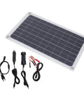 20W Monocrystalline Solar Charger Outdoors With Dual DC Output And USB Goes Off Grid For 12V Batteries Powers Camping And RV Life Weatherproof Silicon Panel High Efficiency Eco Friendly. Includes cables and connectors.