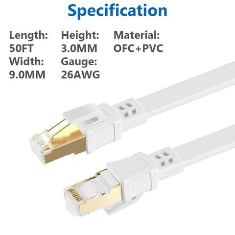 Ultra Fast Cat8 Ethernet Cable 50 Ft Flat Shielded RJ45 Patch Cable for Gaming with OFC and PVC material.