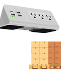 Slick Desk Edge Mount Power Strip Boasting Fast USB-C Charging, Three AC Outlets Plus Extra USB-A Ports, angled view with USB and AC sockets.