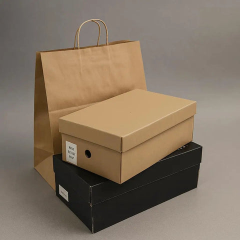 Extra Large Kraft Paper Bags With Handles 14x10x16 Inches Pack Of 200 Heavy Duty Brown Shopping Bags next to shoe boxes