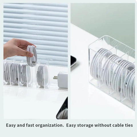 Charger Cable Cord Storage Organizer Set 2 Pack No Lid Easy Cable Tidy For Desk Drawer organizing cables neatly in clear box.