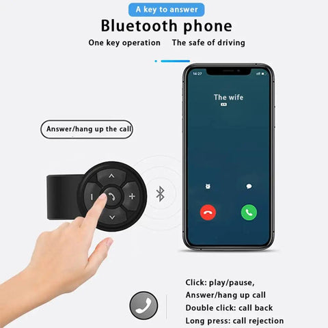 Wireless Bluetooth 5.3 Remote Controller for Steering Wheel Car Kit and Bike Motorcycle Phone Control next to smartphone call screen.