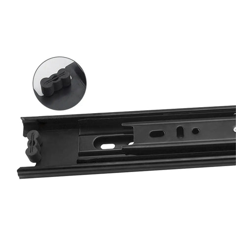 Close-up of Three Fold Full Extension Telescopic Drawer Slides With Ball Bearing Undermount, 14 Inch Black, Cold Rolled Steel Build