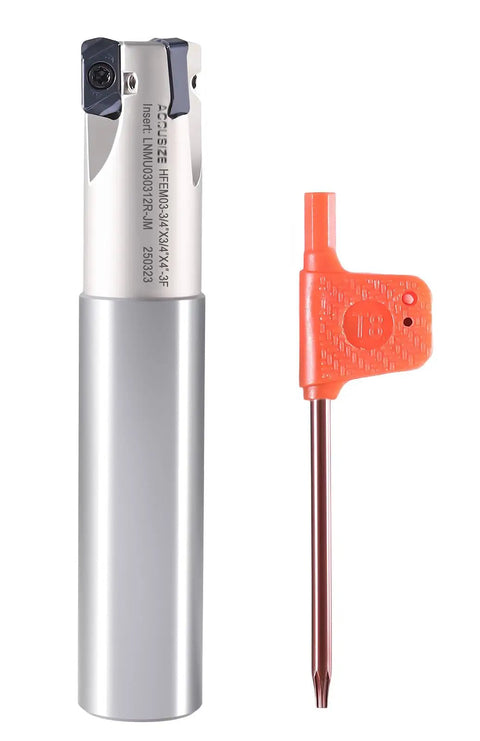 3/4 Inch High-Feed Indexable End Mill With 3 Flutes And 3/4 Inch Shank, Carbide TiAlN Coated, Accepts LNMU030312R-JM Inserts