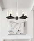 Bold Black Five Light Adjustable Pendant Chandelier With Glass Shades For Dining Rooms And Kitchens, Matte Finish, Model XB-C1240-5-MB