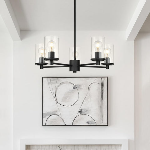 Bold Black Five Light Adjustable Pendant Chandelier With Glass Shades For Dining Rooms And Kitchens, Matte Finish, Model XB-C1240-5-MB