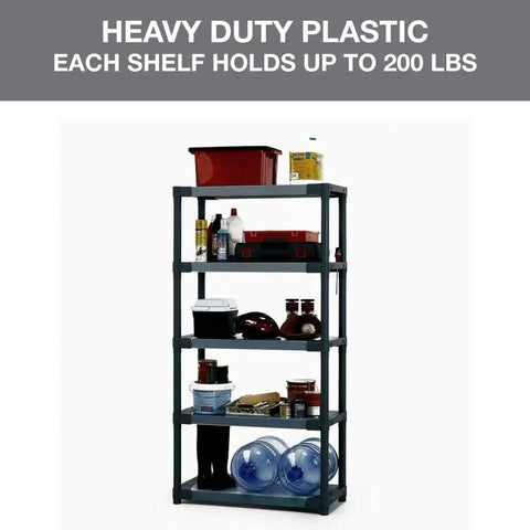 Heavy Duty 36 Inch Plastic Resin Shelving Unit 5 Tier Storage Rack With Solid Surface Shelves For Massive Load Capacity Built Tough Garage Utility Workhorse Easy Wipe Down Construction filled with tools and containers.