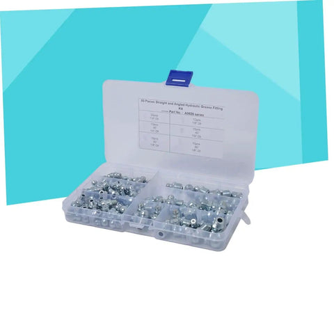 80 Piece Grease Fitting Assortment Kit With Angled And Straight Nozzles in open plastic case showing contents