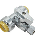 Heavy Duty Solid Brass Tee Valve With Push Quick Connect Shut Off Design Plug And Play No Sweat Setup 1/4 Turn Handle Easy Install Without Tools Fits Pex Cpvc Copper Pipe Built Tough Chrome Finish 200 Psi close-up view of valve with chrome finish and yellow push connectors