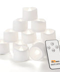 Flameless Tealight Candles With Remote Timer Battery Operated 12 Pack Warm White with remote control in front